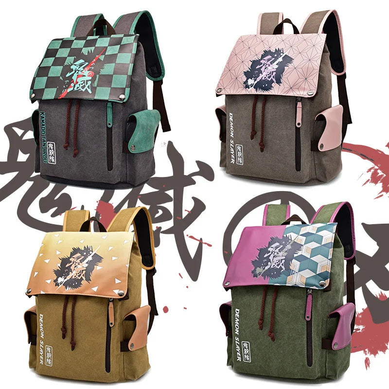 Premium Anime Characters Syn Leather and Canvas Backpack - Zenitsu Agatsuma, Tanjiro Kamado, Nezuko Kamado, and Giyu Tomioka