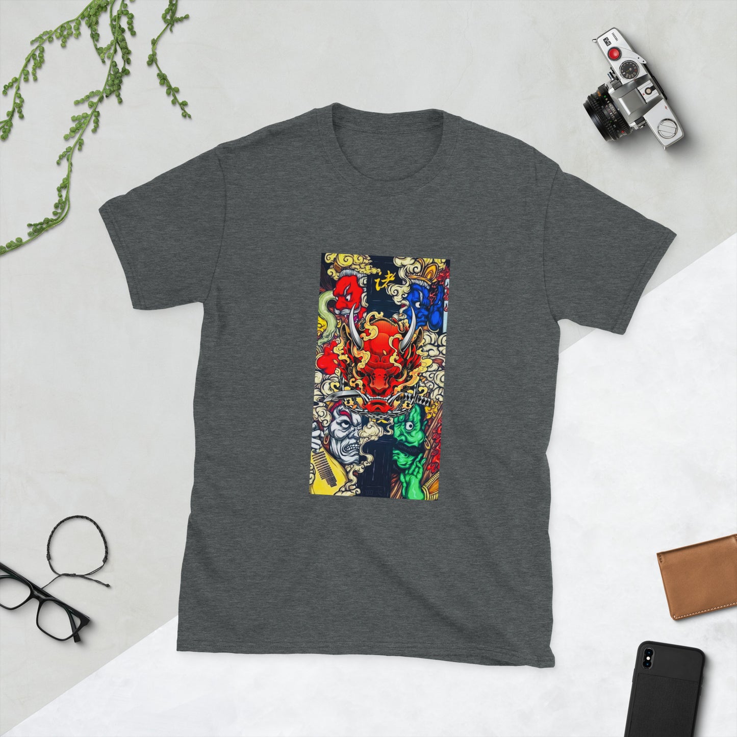 Japanese Demon Mask Collage Graphic Short-Sleeve Unisex T-Shirt