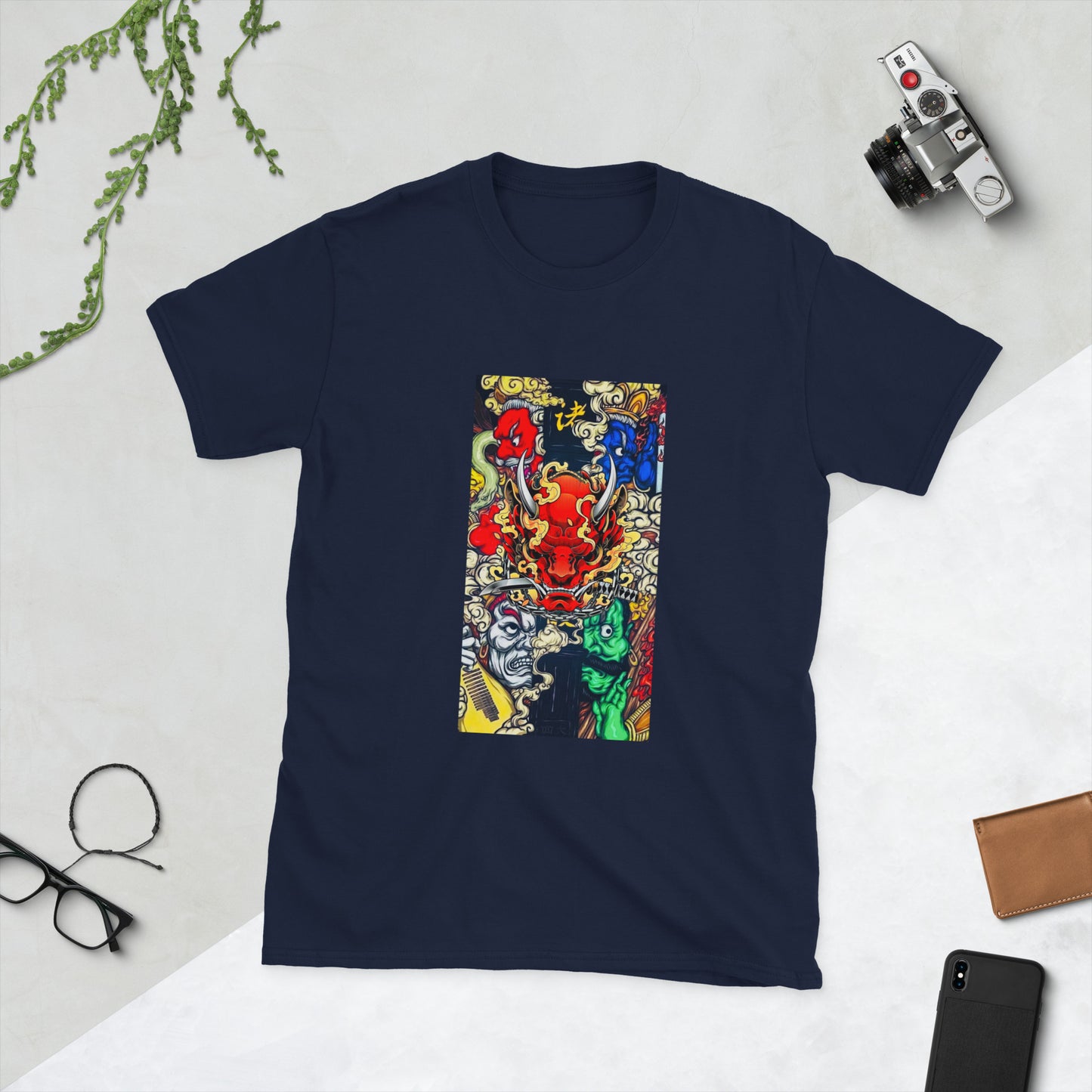 Japanese Demon Mask Collage Graphic Short-Sleeve Unisex T-Shirt