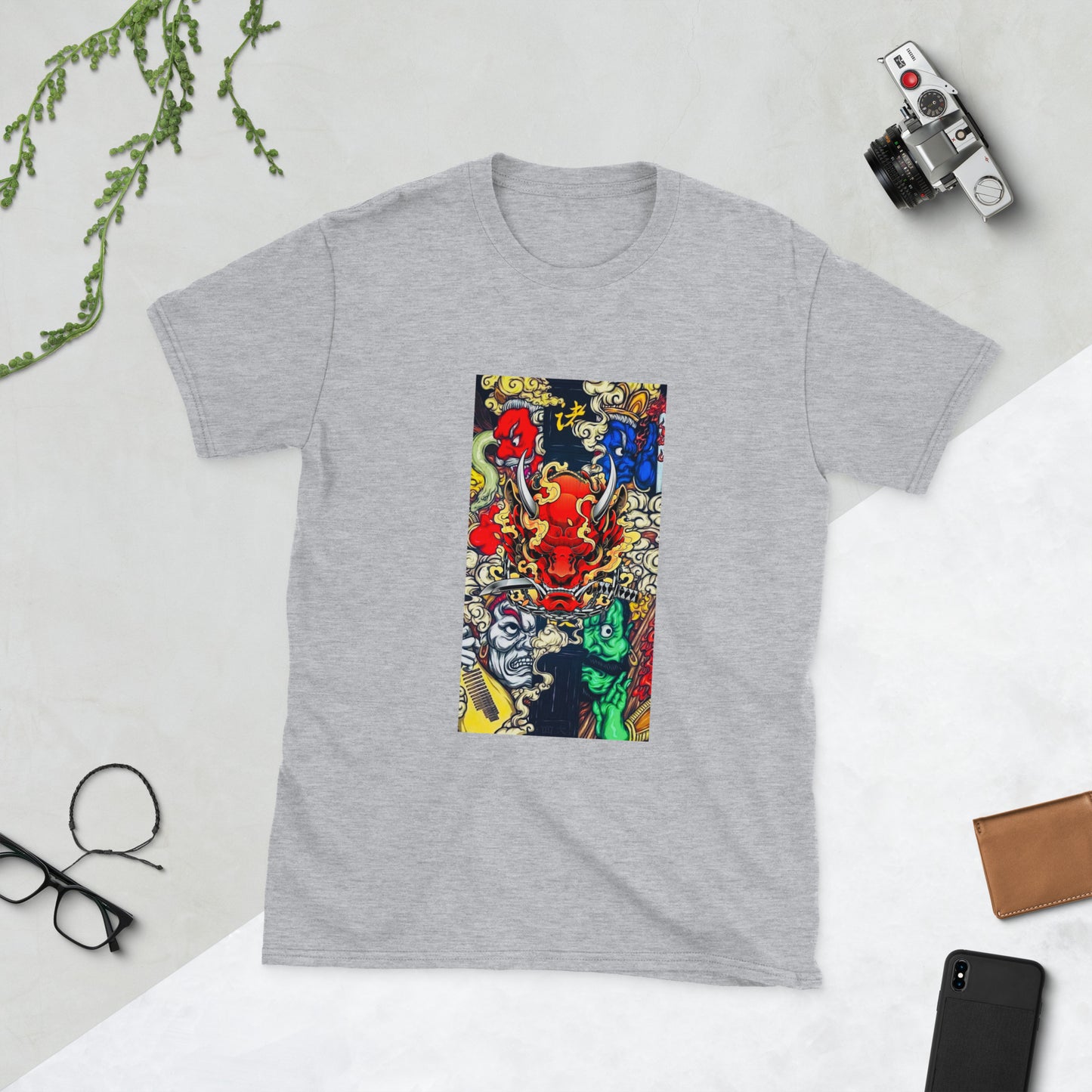 Japanese Demon Mask Collage Graphic Short-Sleeve Unisex T-Shirt