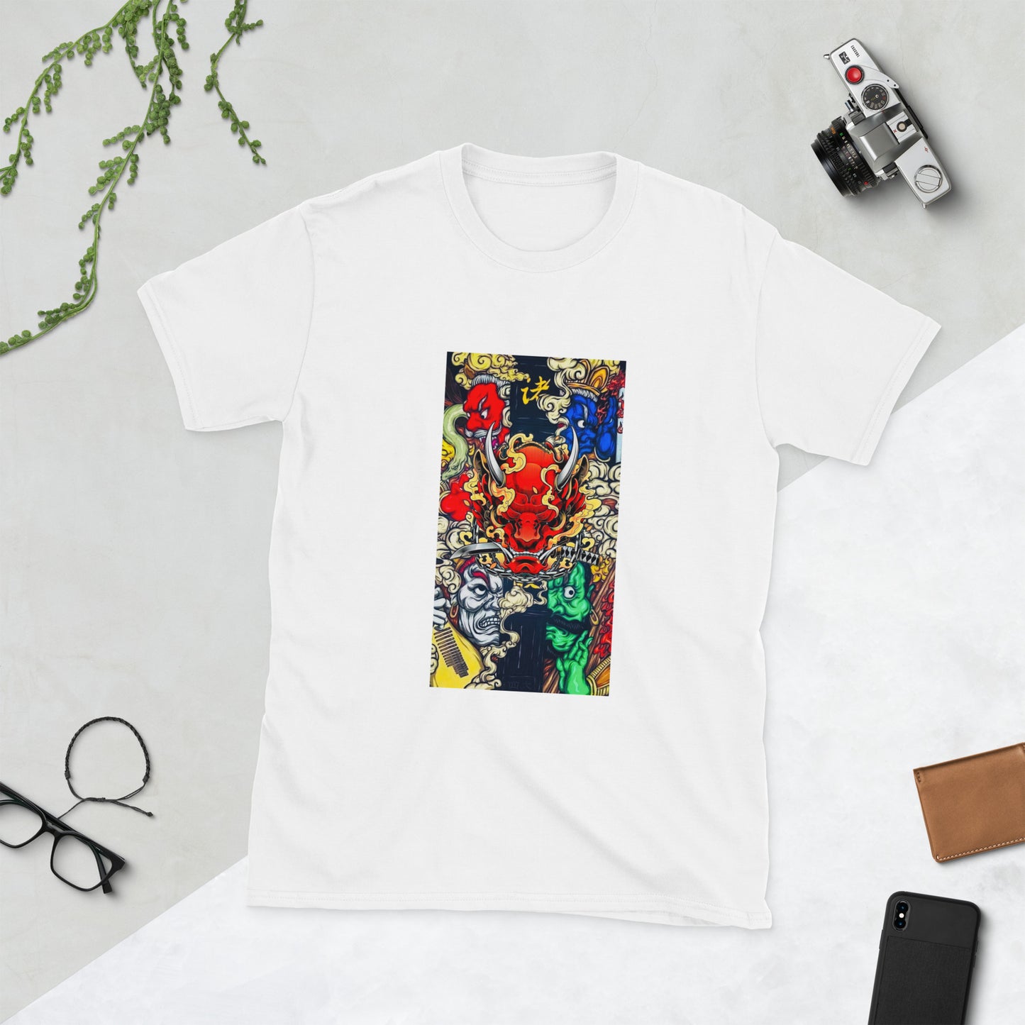 Japanese Demon Mask Collage Graphic Short-Sleeve Unisex T-Shirt