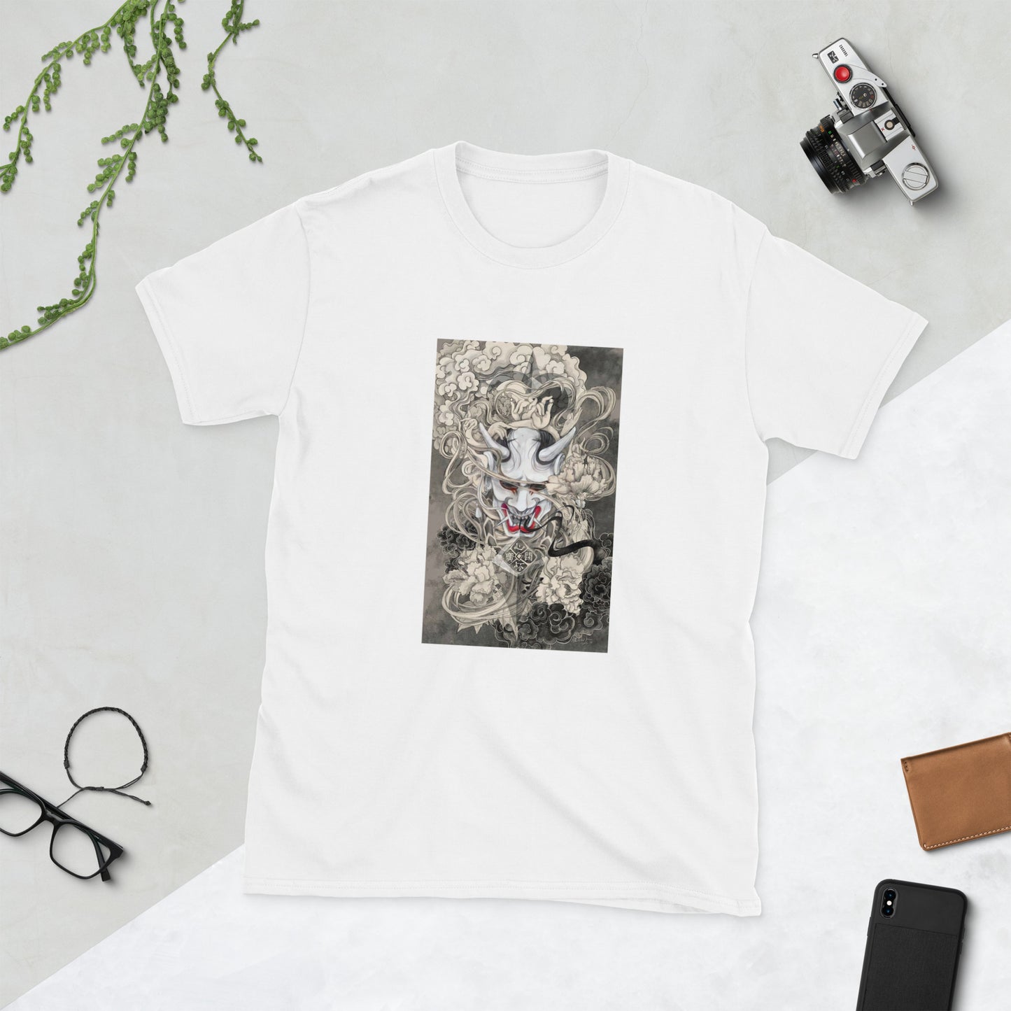 Japanese Grey Demon Mask Graphic Short-Sleeve Unisex T-Shirt